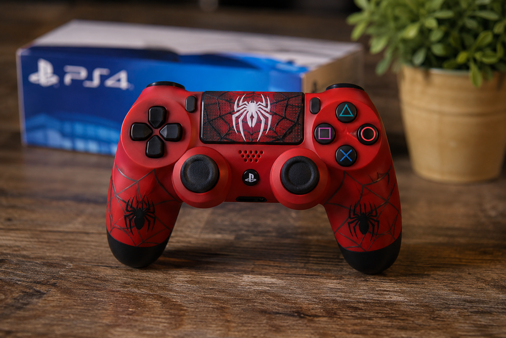 دسته بازی سونی مدل SONY PS4 Dualshock 4 HIGH COPY طرح SpiderMan قرمز مشکی روی میز گیمینگ با طراحی اسپایدرمن و سازگار با PlayStation 4